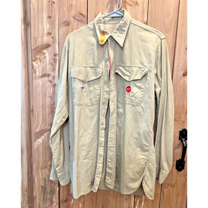 Women’s Green Pinstripe Button Down Shirt Floral Embroidered Cotton Blend- Large